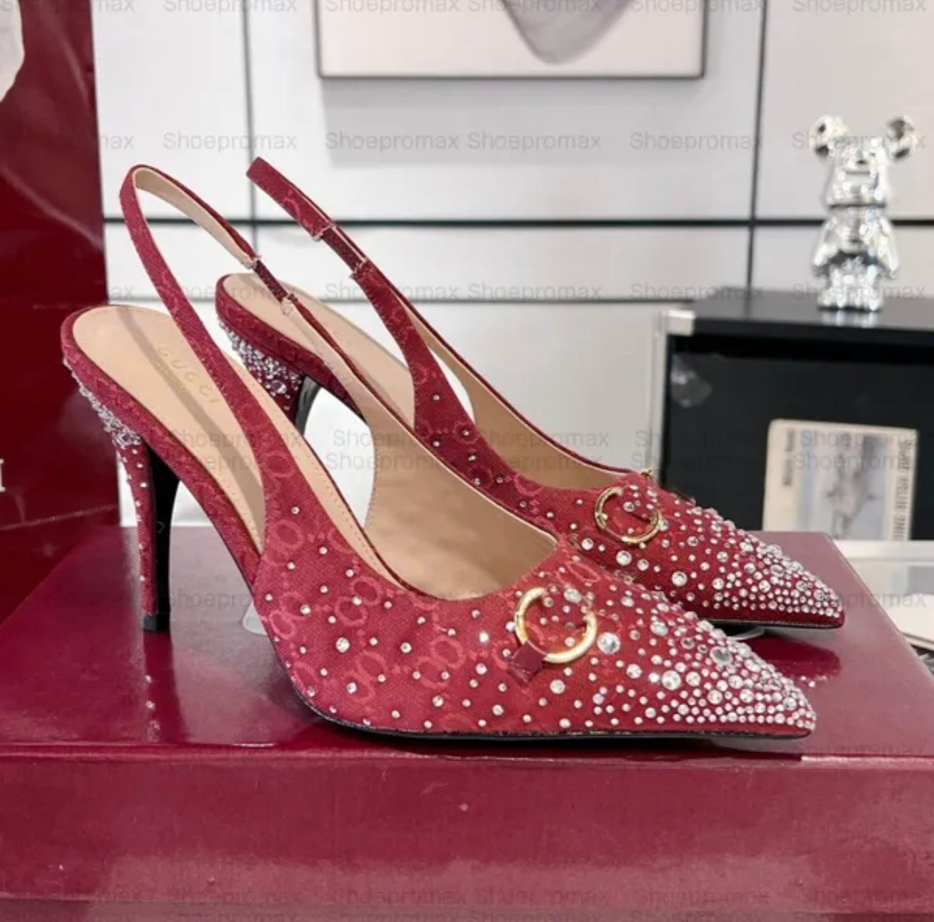 Premium Quality Women's Metallic Horsebit Canvas Crystal-Embellished Heels