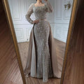 Turquoise Square Collar Mermaid Beaded Evening Dress Overskirt Party Gowns with Long Sleeves Customized DLA72533A