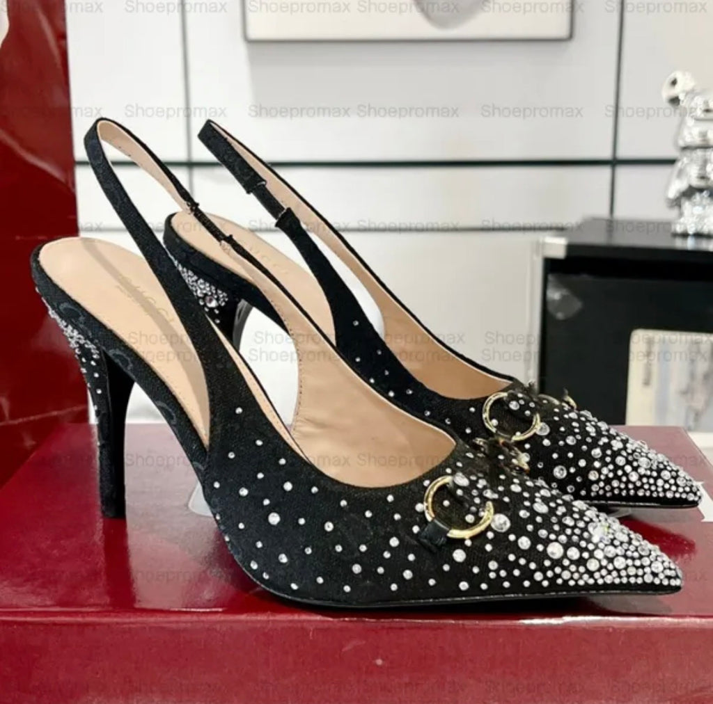 Premium Quality Women's Metallic Horsebit Canvas Crystal-Embellished Heels
