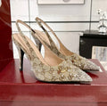 Premium Quality Women's Metallic Horsebit Canvas Crystal-Embellished Heels