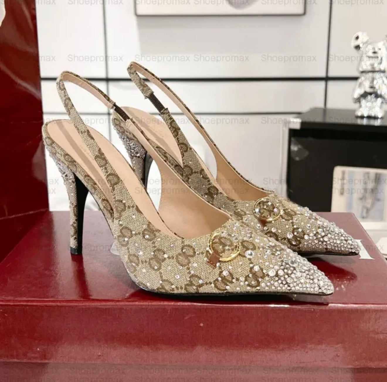 Premium Quality Women's Metallic Horsebit Canvas Crystal-Embellished Heels