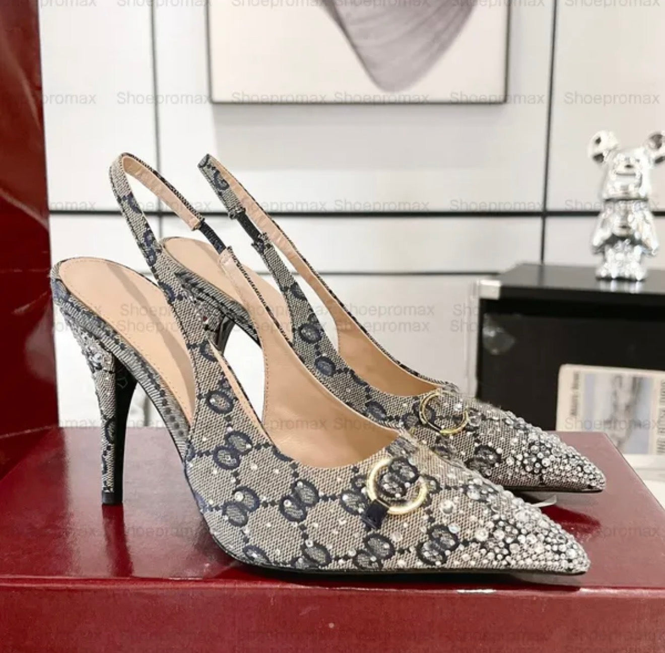 Premium Quality Women's Metallic Horsebit Canvas Crystal-Embellished Heels