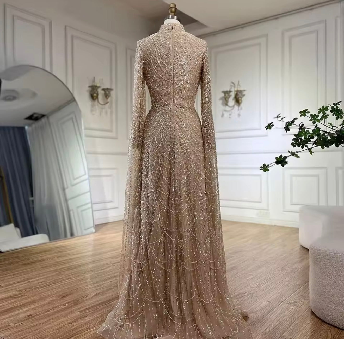 Mermaid Cape Sleeves Luxury Evening Gown Pearls Beaded Dress for Women's Party Prom Dresses