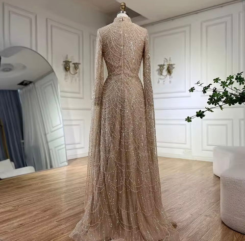 Mermaid Cape Sleeves Luxury Evening Gown Pearls Beaded Dress for Women's Party Prom Dresses